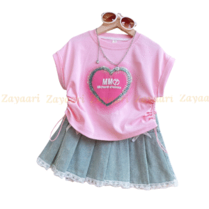 Girls Short-Sleeved Suit 2025 Summer New Children's Clothing Girls Fashionable Printed T-Shirt Denim Skirt Two-Piece Set Trendy